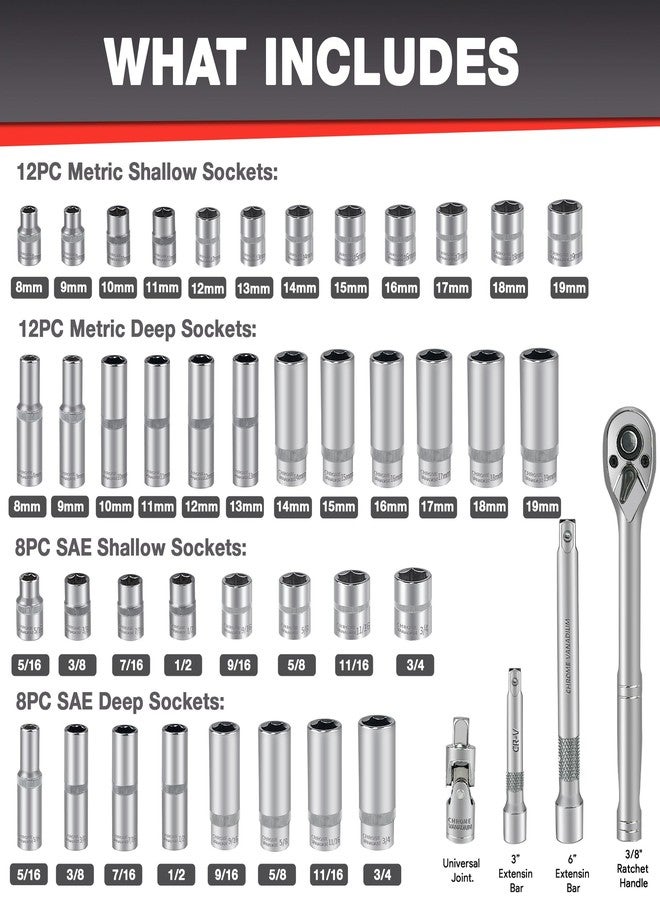 EACELIY 44pcs 3/8" Drive Impact Socket Set,Drive Master Socket Set,SAE/Metric, Deep & Shallow with 3/8" Drive Head Ratchet,Universal Joint,Extension bar (3” & 6”),6 Point,CR-V Steel，Mirror Chrome - Image 2